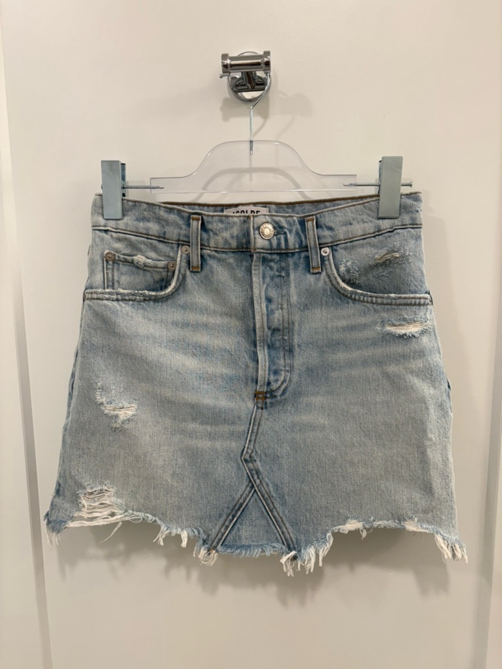 AGOLDE Quinn High Rise Denim Distressed Mini Skirt in Vega Size 26 - Picture 3 of 15